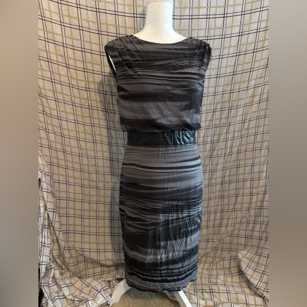 Adrianna Papell Black and Gray Striped Dress
